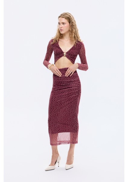 Puantiyeli Drape Detaylı Transparan Midi Etek Mürdüm