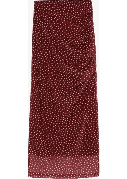 Puantiyeli Drape Detaylı Transparan Midi Etek Mürdüm