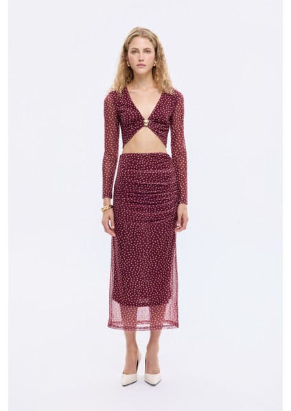 Puantiyeli Drape Detaylı Transparan Midi Etek Mürdüm