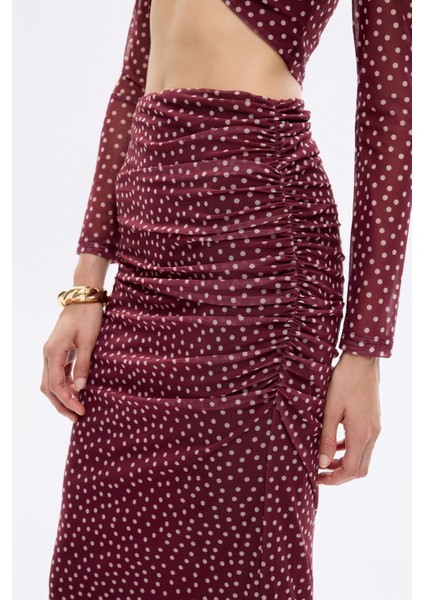 Puantiyeli Drape Detaylı Transparan Midi Etek Mürdüm