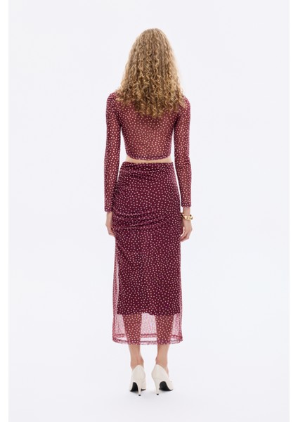 Puantiyeli Drape Detaylı Transparan Midi Etek Mürdüm