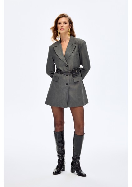 Kemerli Çanta Aksesuarlı Blazer Ceket Elbise Gri fiyatları