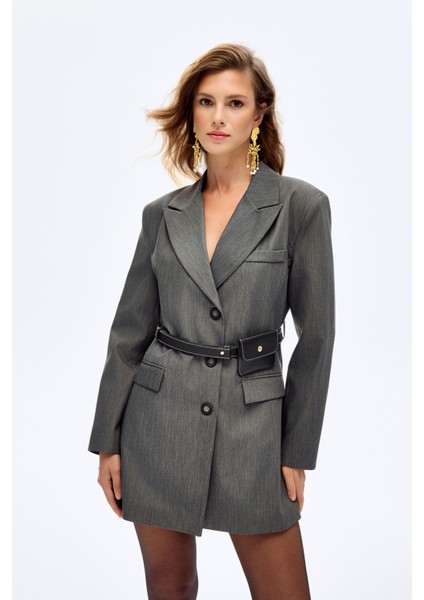 Kemerli Çanta Aksesuarlı Blazer Ceket Elbise Gri fırsatları