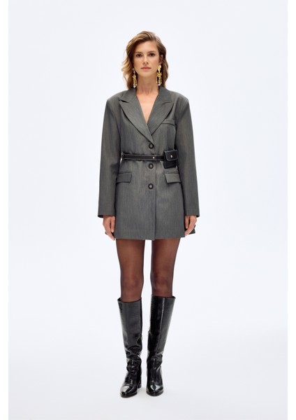 Kemerli Çanta Aksesuarlı Blazer Ceket Elbise Gri indirimleri