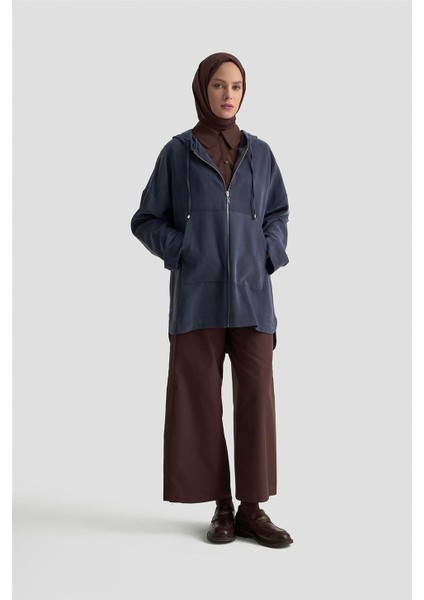 Fermuar Detaylı Kapüşonlu Kap 25KD1125 Indigo