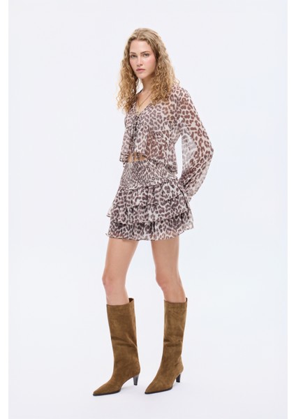 Fırfır Katlı Leopar Desenli Mini Etek Bej