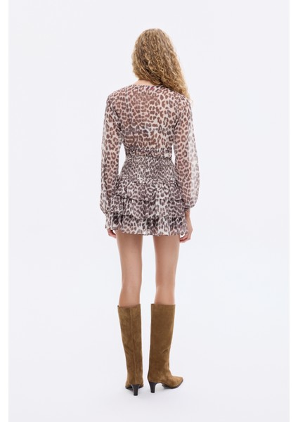 Fırfır Katlı Leopar Desenli Mini Etek Bej