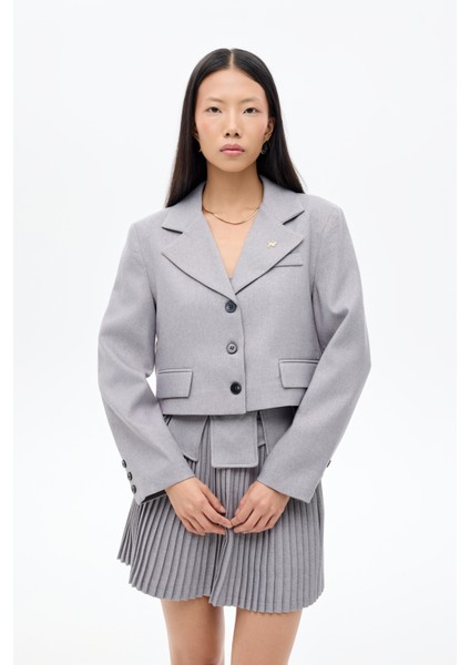 Broş Aksesuarlı Düğmeli Crop Blazer Ceket Gri fiyatları