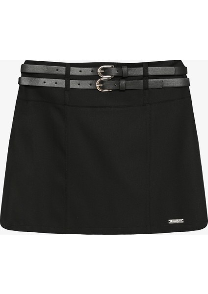 Çift Kemerli Metal Etiket Detaylı Mini Etek Siyah