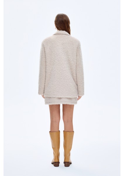 Tüylü Dokulu Oversize Blazer Ceket Bej