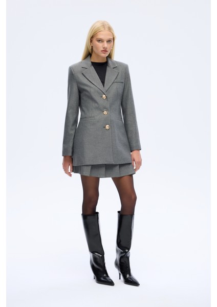 Kazayağı Desenlı Düğmeli Blazer Ceket Gri indirimleri