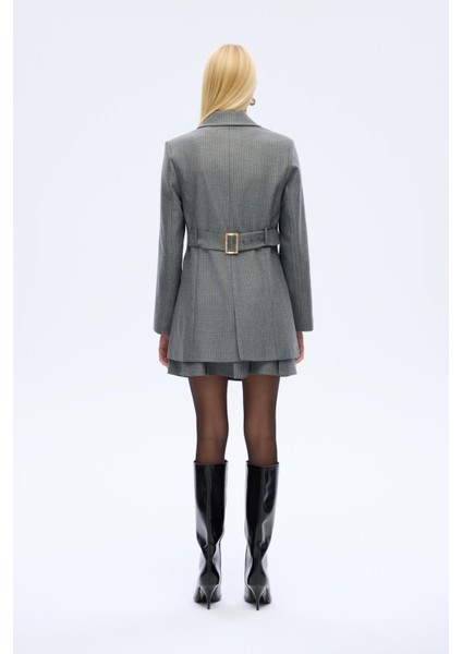 Kazayağı Desenlı Düğmeli Blazer Ceket Gri