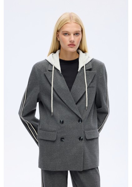 Kapüşonlu Şeritli Oversize Blazer Ceket Koyu Gri fiyatları