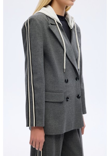 Kapüşonlu Şeritli Oversize Blazer Ceket Koyu Gri fırsatları