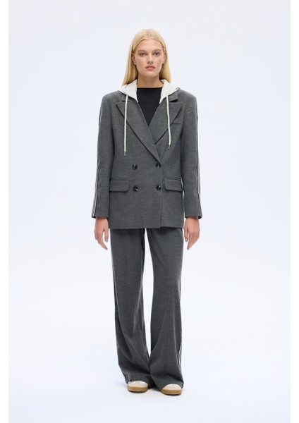 Kapüşonlu Şeritli Oversize Blazer Ceket Koyu Gri indirimleri