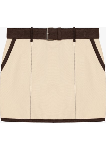 Kontrast Dikiş Detaylı Kemerli Mini Etek Bej modelleri