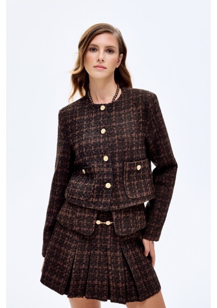 Yuvarlak Yaka Gold Düğmeli Tüvit Ceket Kahverengi fiyatları