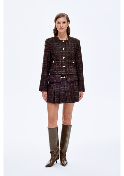 Yuvarlak Yaka Gold Düğmeli Tüvit Ceket Kahverengi fırsatları