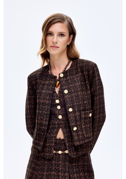 Yuvarlak Yaka Gold Düğmeli Tüvit Ceket Kahverengi indirimleri