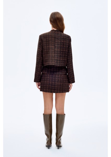 Yuvarlak Yaka Gold Düğmeli Tüvit Ceket Kahverengi