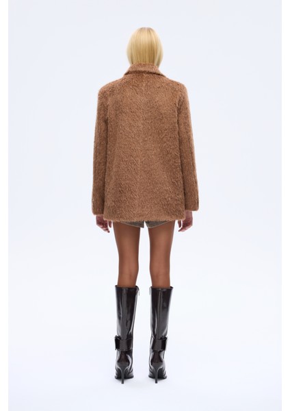 Tüylü Dokulu Oversize Blazer Ceket Kahverengi