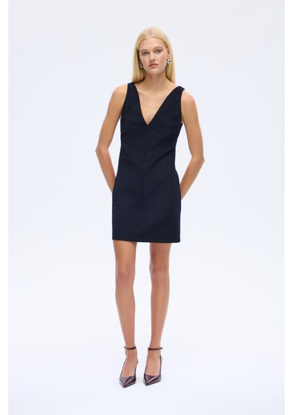 V Yaka Kadife Mini Elbise Lacivert fiyatları