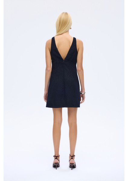 V Yaka Kadife Mini Elbise Lacivert