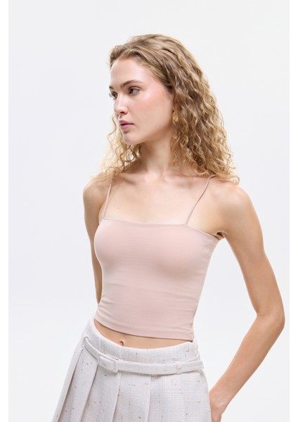 Modal Askılı Crop Basic Atlet Bej