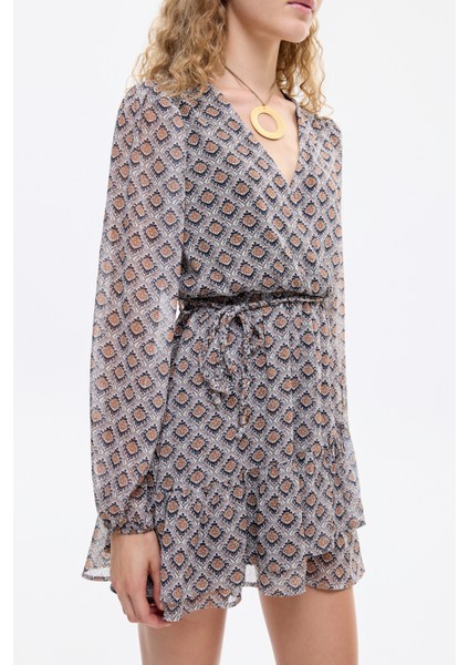 Retro Geometrik Desenli Kruvaze Yaka Mini Elbise Kahverengi