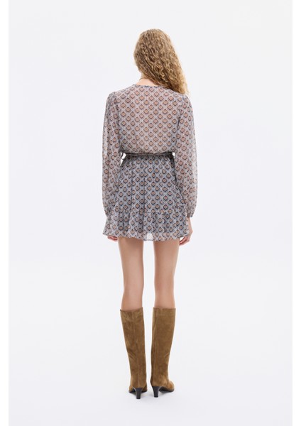 Retro Geometrik Desenli Kruvaze Yaka Mini Elbise Kahverengi