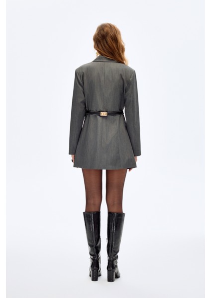 Kemerli Çanta Aksesuarlı Blazer Ceket Elbise Gri