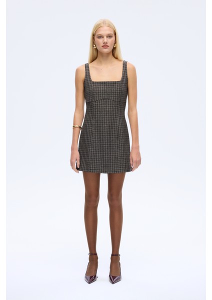 Ekose Kare Yaka Mini Elbise Kahverengi indirimleri