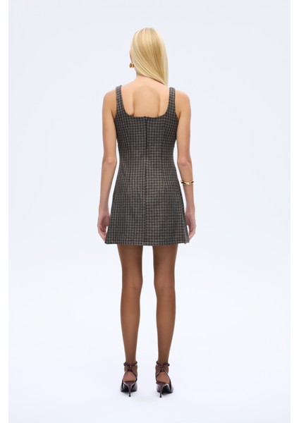 Ekose Kare Yaka Mini Elbise Kahverengi