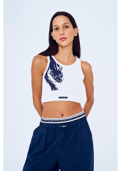 Halter Yaka Desenli Crop Atlet Lacivert