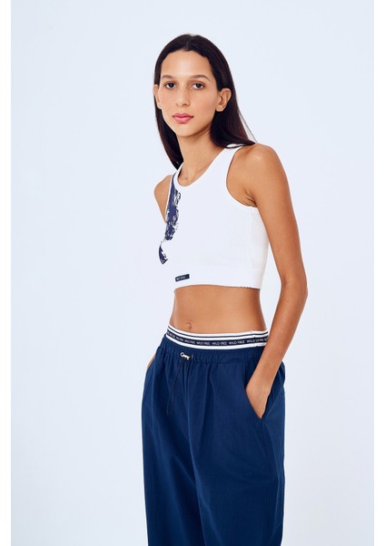 Halter Yaka Desenli Crop Atlet Lacivert