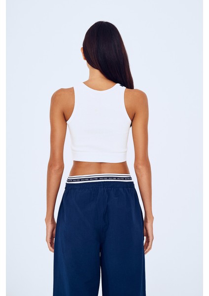 Halter Yaka Desenli Crop Atlet Lacivert