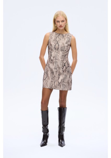 Yılan Desenli Kolsuz Mini Elbise Kahverengi fiyatları
