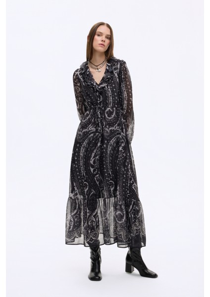 Etnik Desenli Volan Yaka Uzun Elbise Siyah fiyatları