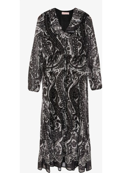 Etnik Desenli Volan Yaka Uzun Elbise Siyah modelleri