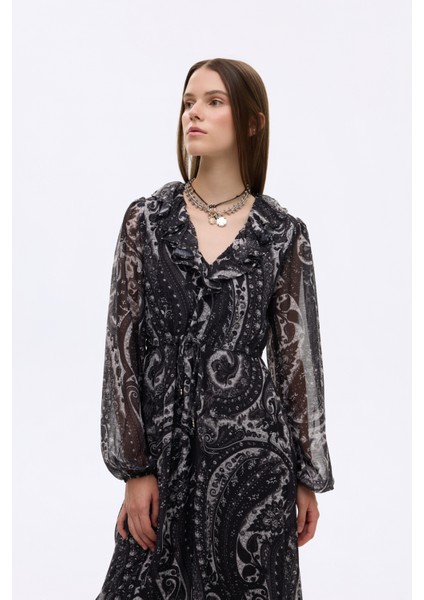 Etnik Desenli Volan Yaka Uzun Elbise Siyah fırsatları