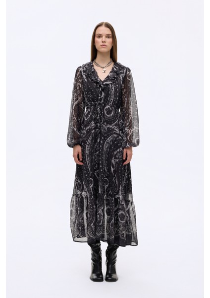 Etnik Desenli Volan Yaka Uzun Elbise Siyah indirimleri