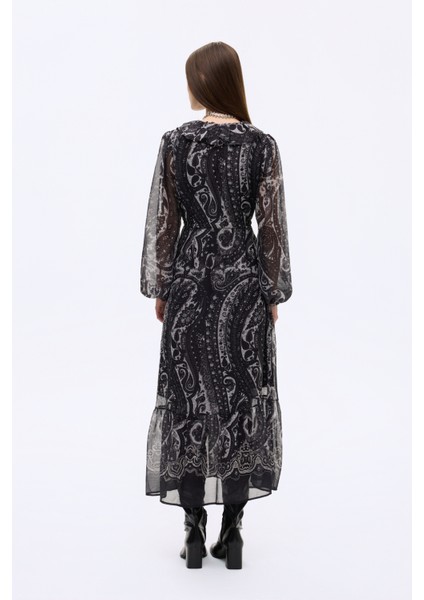 Etnik Desenli Volan Yaka Uzun Elbise Siyah