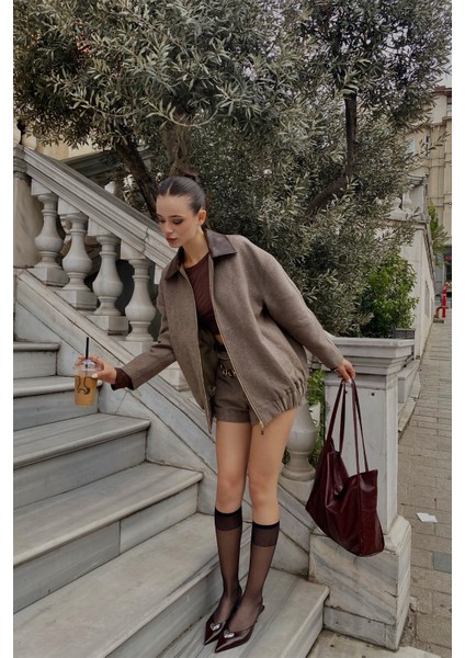 Kontrast Deri Yaka Oversize Kaşe Ceket Vizon fiyatları