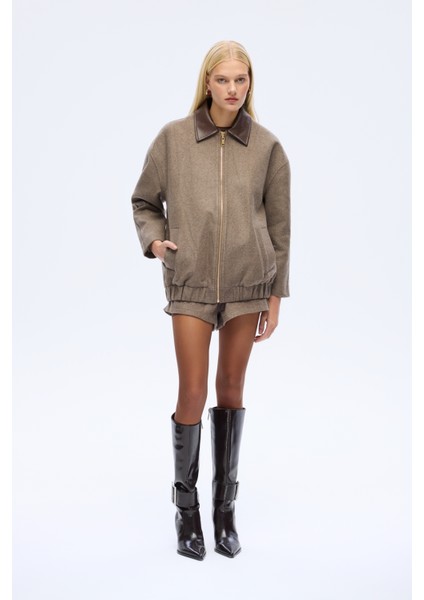 Kontrast Deri Yaka Oversize Kaşe Ceket Vizon indirimleri