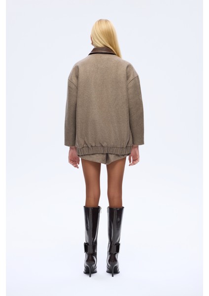 Kontrast Deri Yaka Oversize Kaşe Ceket Vizon