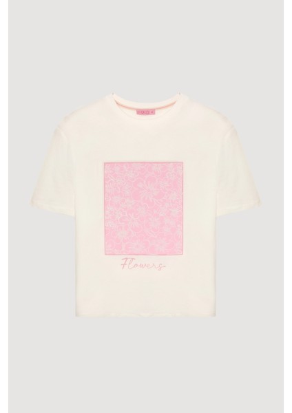 Blok Detaylı Çiçek Nakışlı Tişört Ekru