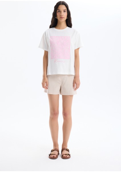 Blok Detaylı Çiçek Nakışlı Tişört Ekru