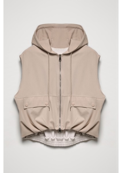 Kapüşonlu Büyük Cepli Yelek Ceket Bej