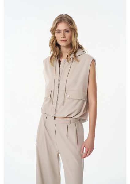 Kapüşonlu Büyük Cepli Yelek Ceket Bej