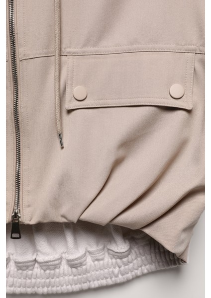 Kapüşonlu Büyük Cepli Yelek Ceket Bej